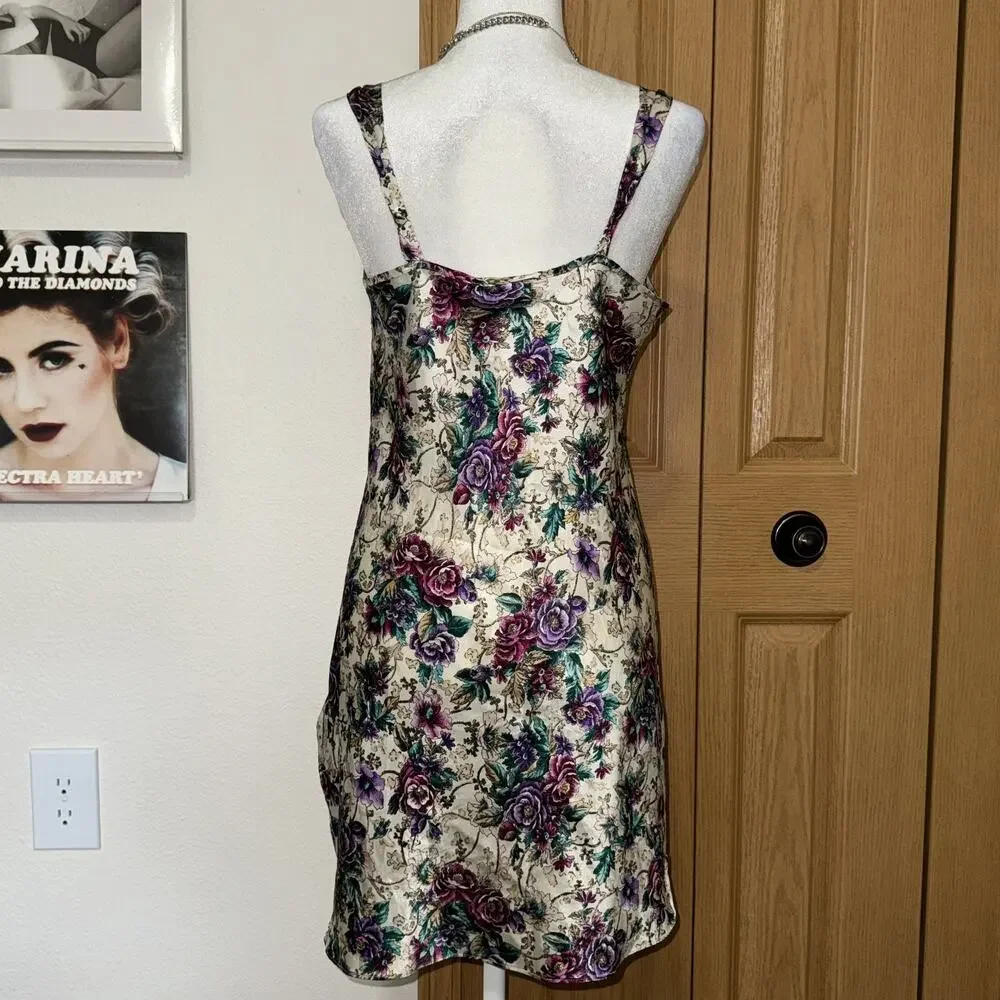 Vintage 90s Adonna Slip Dress Women's Medium Floral Beige Purple Satin Sleepwear - Picture 3 of 10